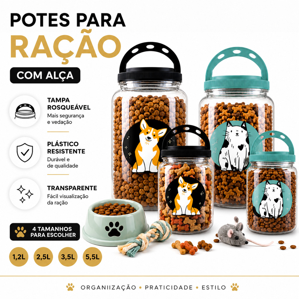 Pote Porta Ração e Petiscos 3,6L e 1,7L com Alça