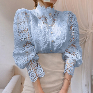 Blusa Feminina Elegante com Mangas Vazadas Bordadas em Pétalas, Detalhes em Renda Floral, Gola Alta, Túnica de Outono A0