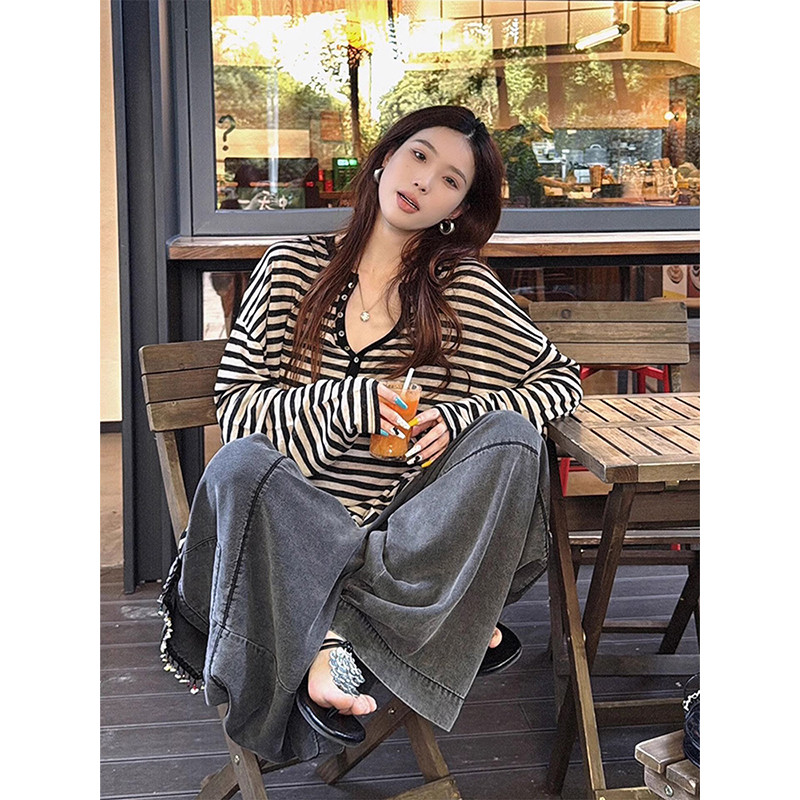 Estilo coreano contraste cor listrado manga comprida camiseta feminina primavera outono 2026 novo estilo preguiçoso solt