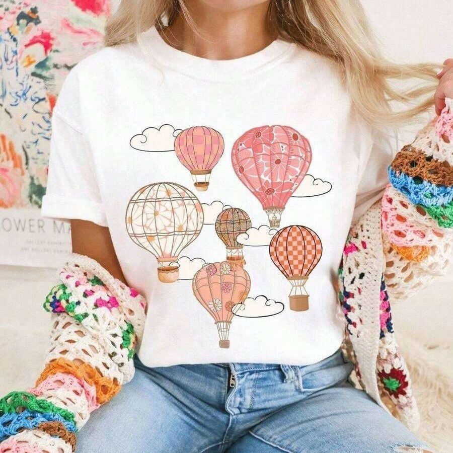 Tshirt Feminina Estilosa Estampada de Balões Diferentes Estampada Lançamento 100% Algodão Premium