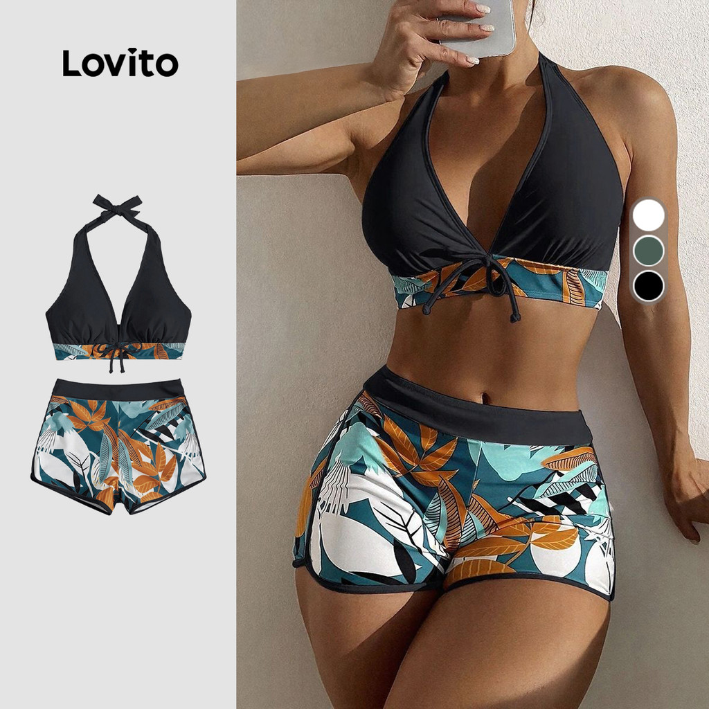 Lovito Férias Conjuntos De Biquíni Sexy Plantas Arco De Verão Feminina LNL36108 (Branco/Verde/Preto)