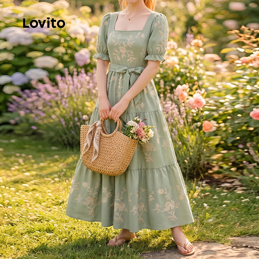 Lovito Vestido Boho com Estampa e Cinto Verde Primavera/verão para Mulheres LK7LD175 · foto 2
