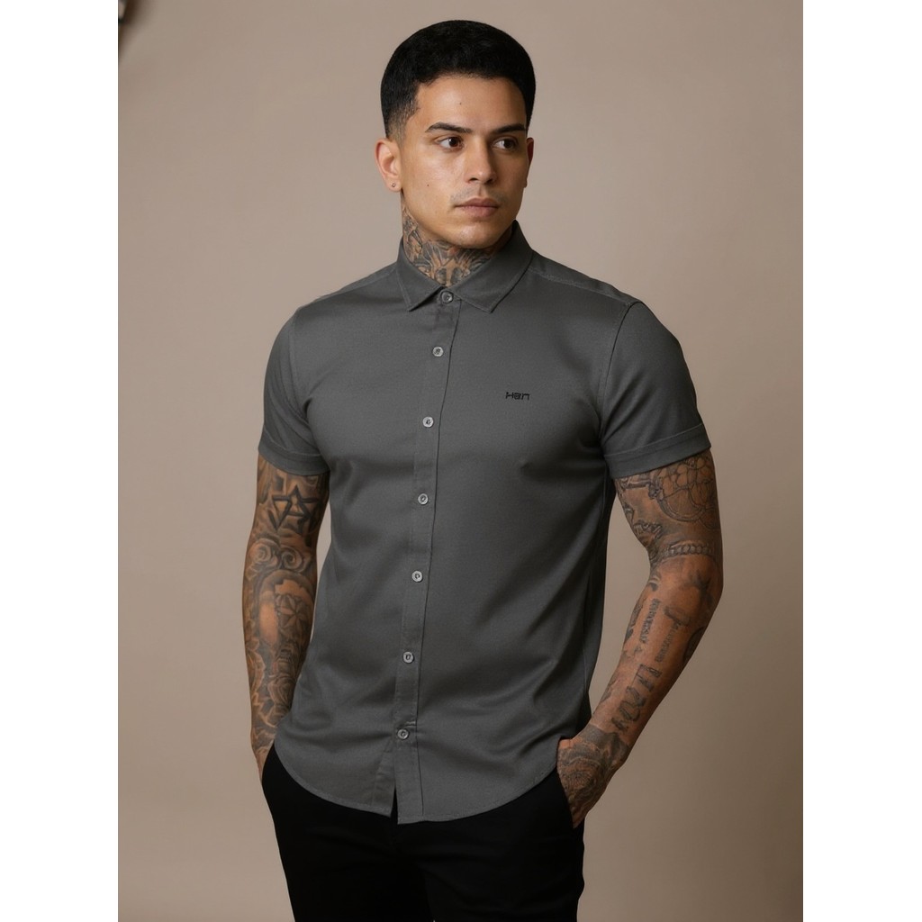 Camisa Masculina Viscose Elastano Manga Curta Slim Fit Não Amassa Grafite — Mell Moda