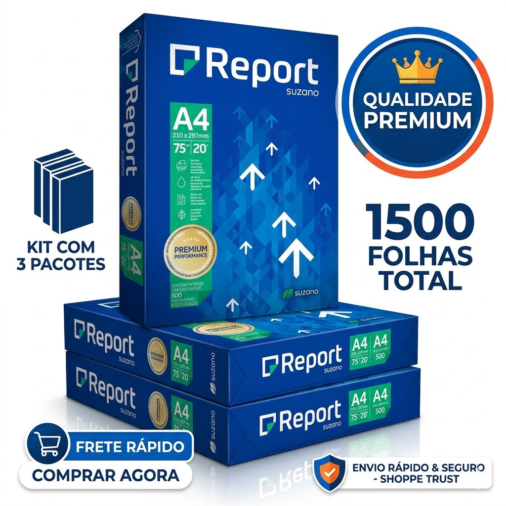 Kit 3 Pacotes de Papel Sulfite Report Folha Ofício Para Impressão A4  com 500 Folhas