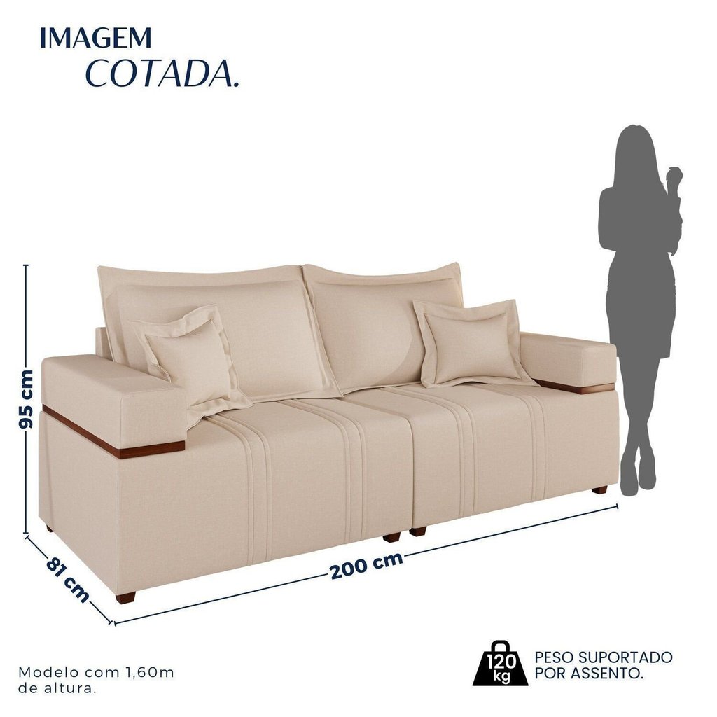 Sofá 4 Lugares 200 cm Linho Bege — imagem 2 de 2