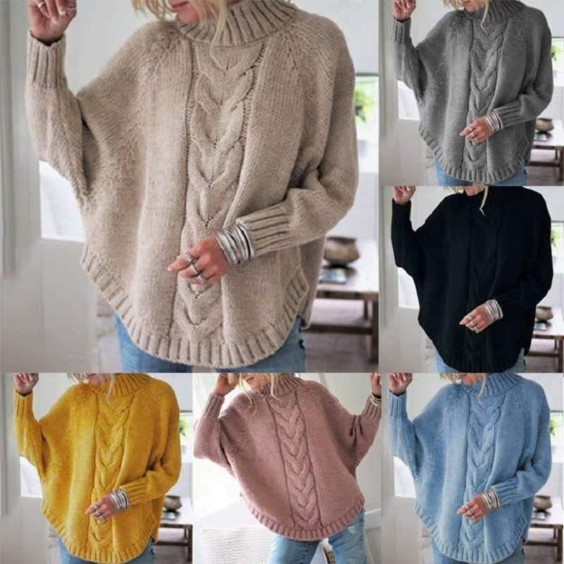 [Batwing Sleeve Design] Knit Sweater Women Loose Half High Neck Twist Knit Sweater Women/Batwing Sleeve/Winter
