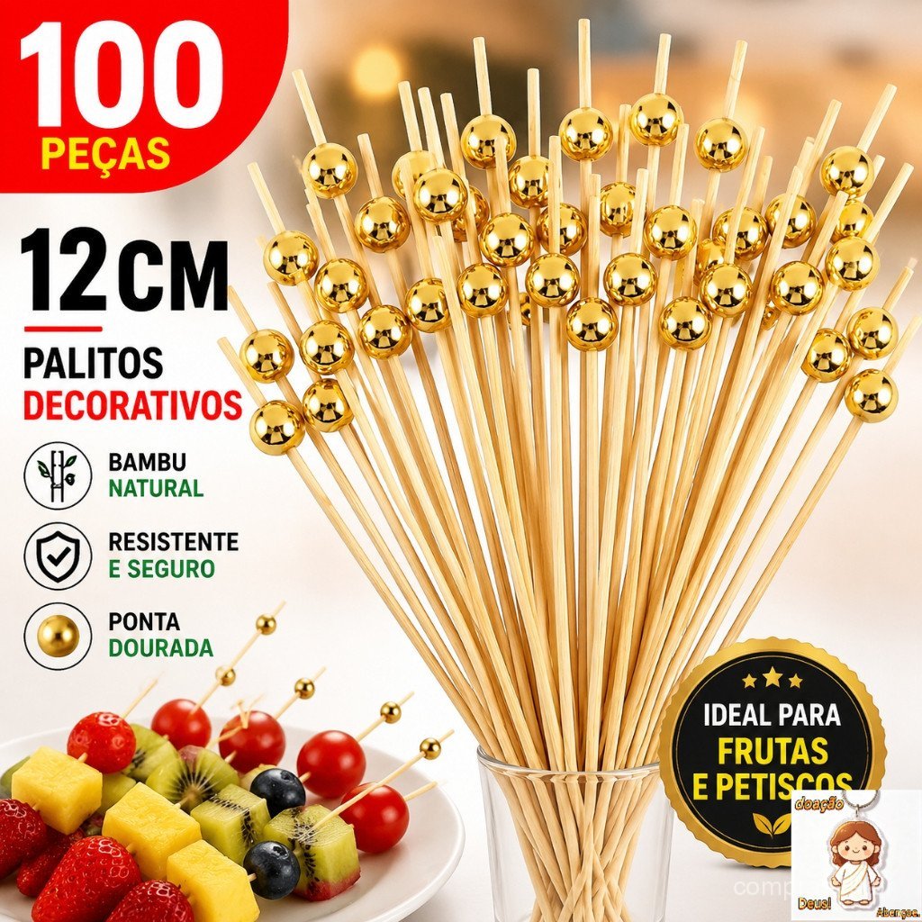 Kit 100 Palitos de Bambu 12cm Para Petisco Decorado Bolinha dourada