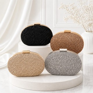 Bolsa Clutch Feminina Festa Oval Luxo com Brilho Texturizado Corrente Removível Casamento Formatura Madrinha Evento