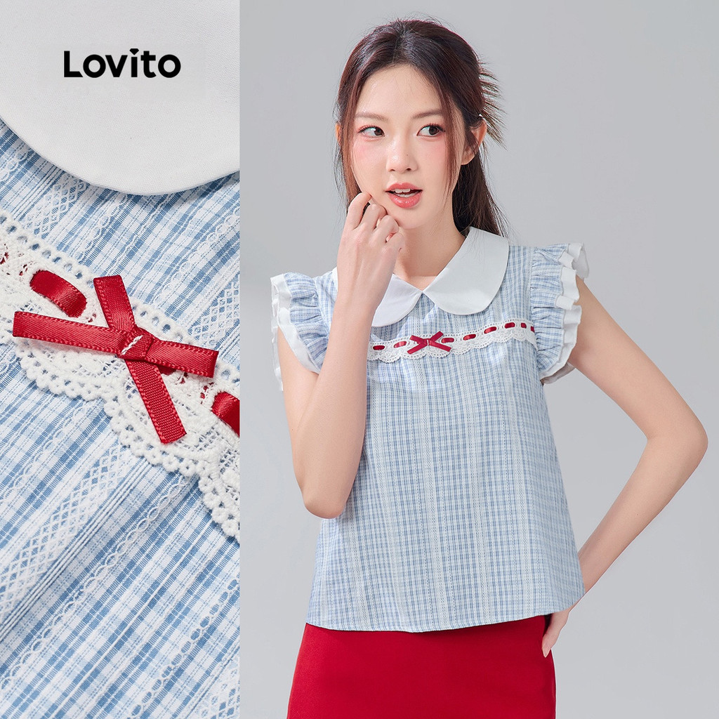 Lovito Blusa Casual E Charmosa Em Algodão Azul Com Estampa Jacquard Colorblock M