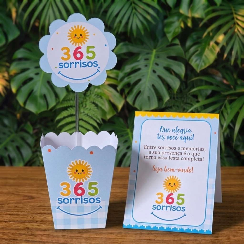 Centros de mesa + Plaquinhas 365 SORRISOS 2 lembrancinhas personalizadas para aniversario infantil decoração kit festa
