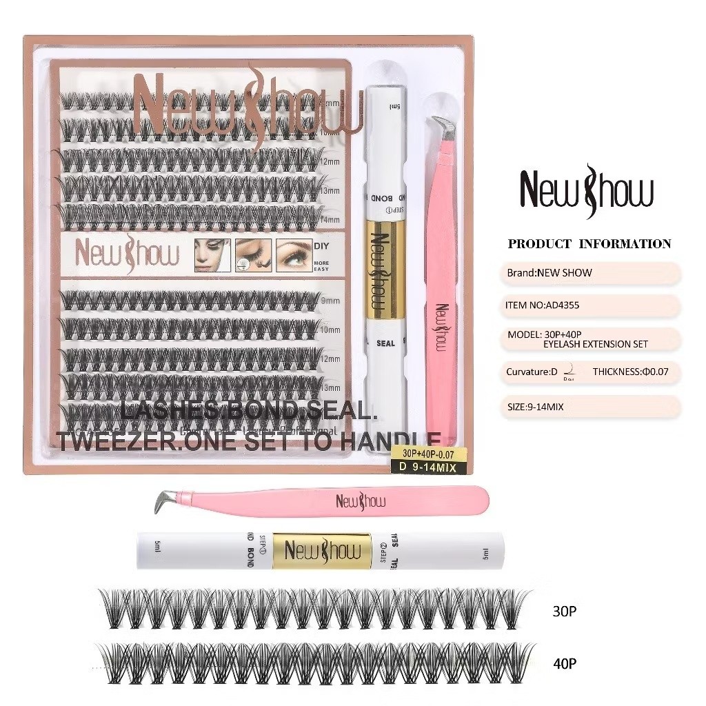 New Show Kit Cílios Postiços 20P+30P/30P+40P/20P/30P com Pinça -Tufos sem Nó Extensão de Cilios Alongamento
