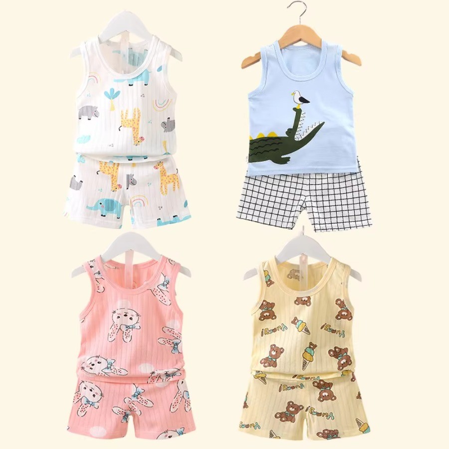 Roupas Infantis Estampadas Sem Mangas Tops Shorts Fofos Respiráveis Crianças Verão Colete Conjunto Regata Para De Bebê
