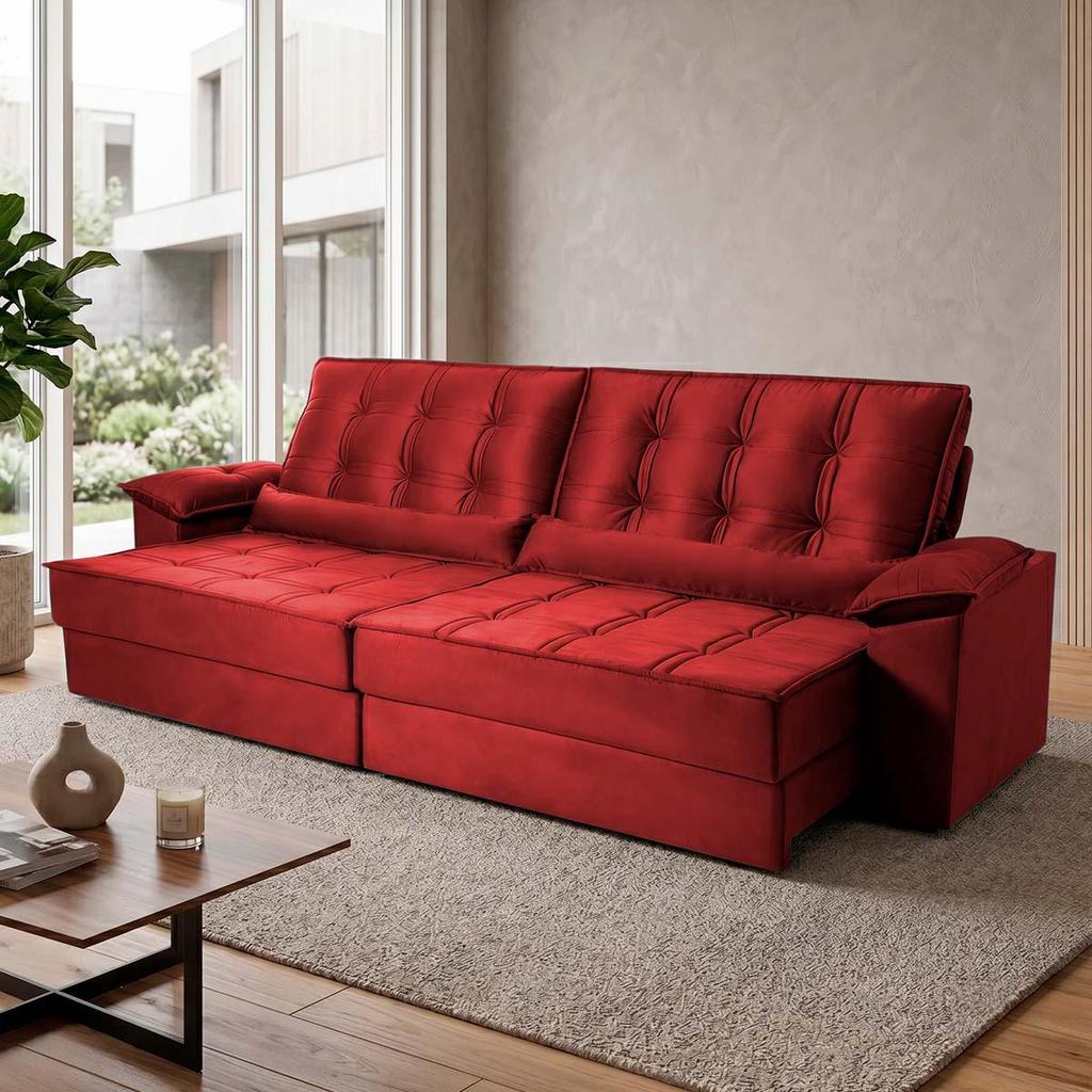Sofá Retrátil Reclinável 3,00m Ascari Suede Velut Vermelho molas Ensacadas - King House
