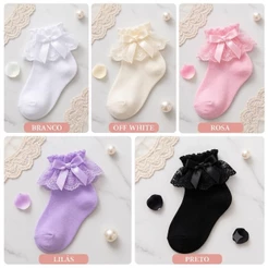Meia Infantil com Renda e Laço Meia Batizado Meia Babado Meia de Festa Meinda com Renda