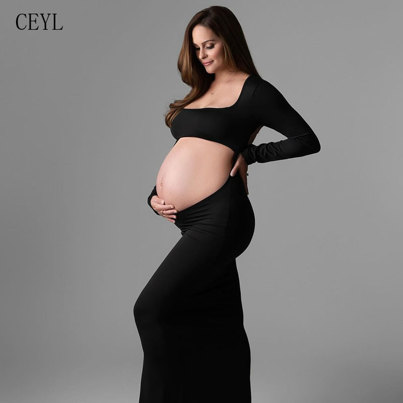 Vestidos de Maternidade Sensuais, Vestido Bodycon para Sessão de Fotos de Gravidez, Decote Quadrado, Manga Longa, Traje 