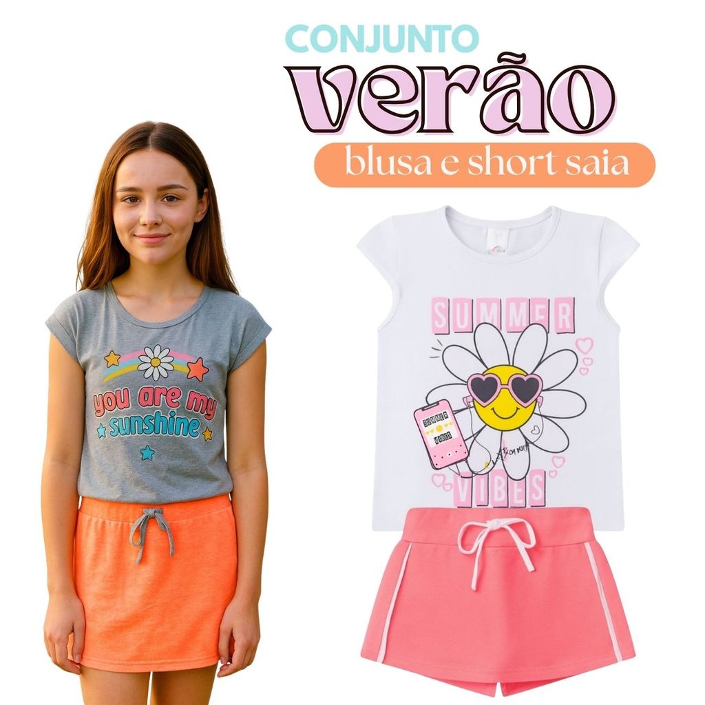 Conjunto Verão Infantil Juvenil Feminino Blusinha Algodão Cotton Shorts Saia Moletinho Menina 04-16