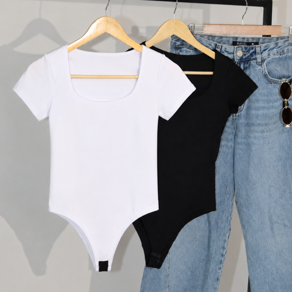 Kit 2 Body Feminino Decote Quadrado Manguinha Curta Suplex Verão