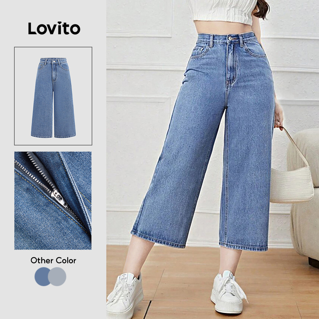 (New Arrival) Lovito Jeans Casual Lavados Bolso Azul Jeans de Primavera/verão pa