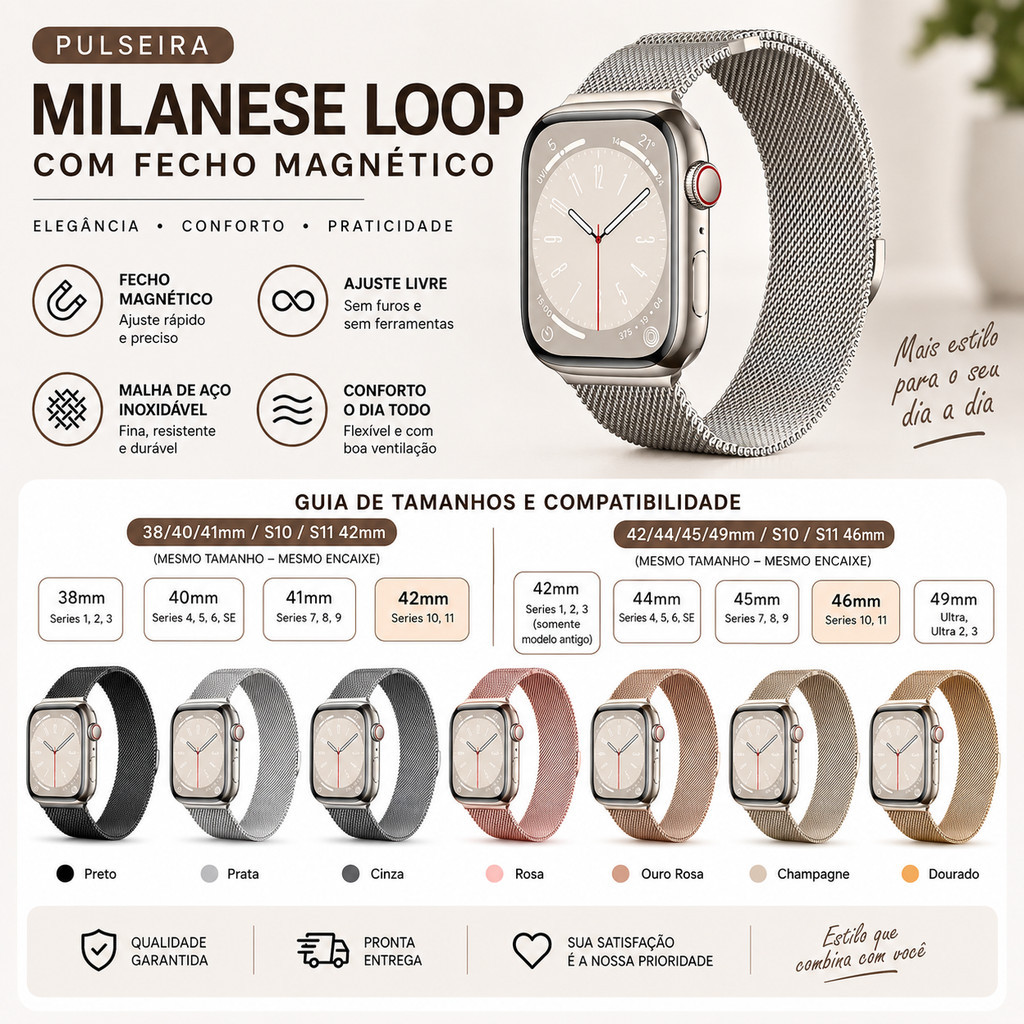 Pulseira Metal Milanese Loop Magnética Aço Inoxidável para Apple Watch Series SE