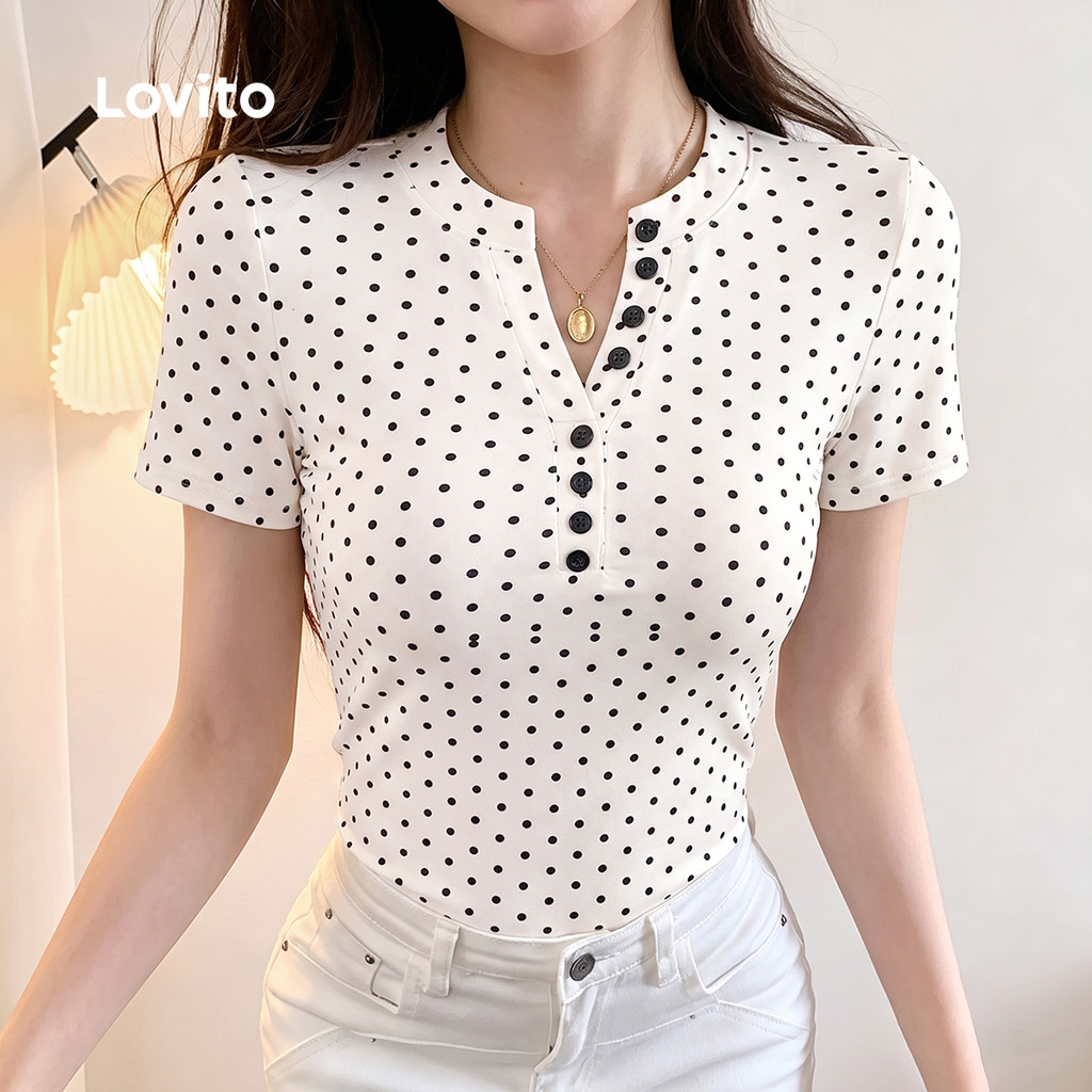 Lovito Camiseta Casual Poá Feminina Botão Simples Lazer Preto e Branco Primavera/Verão TSB202P2D174 — imagem 2 de 2