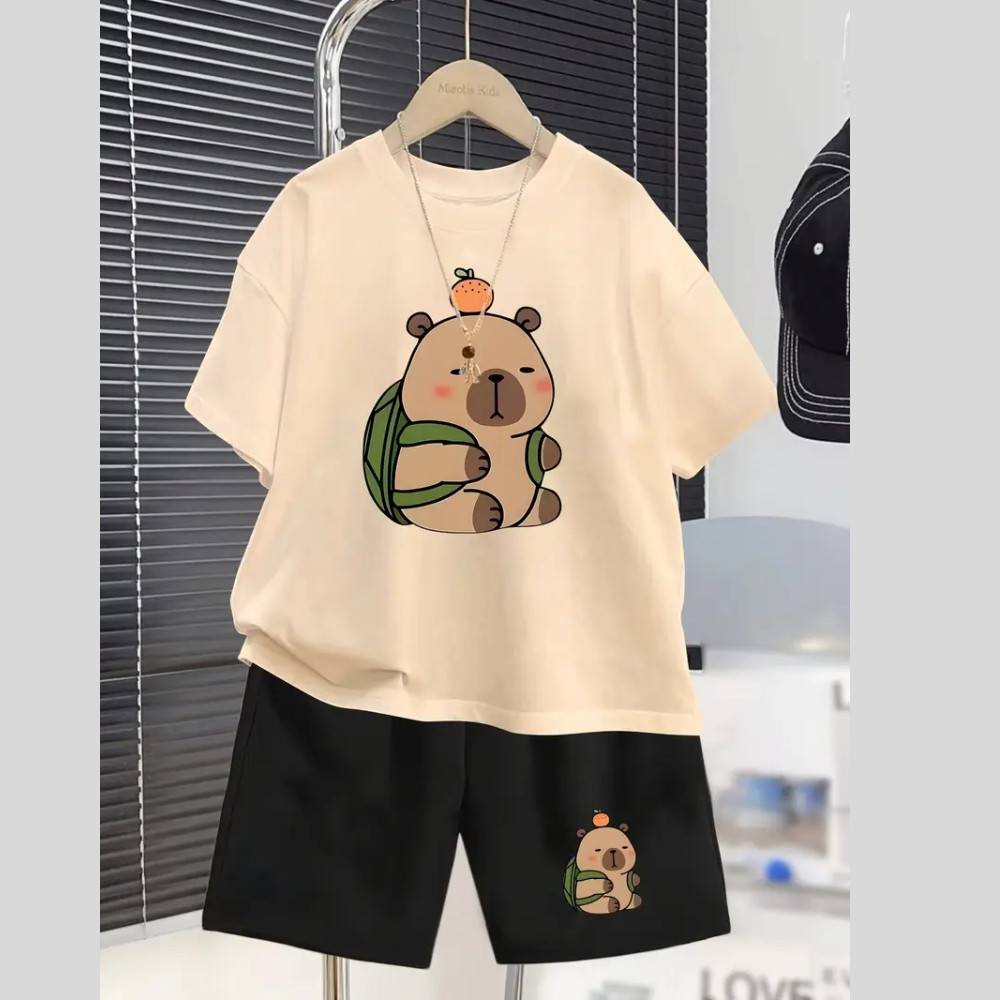 Conjunto Masculino Infantil Estampa Capivara Laranja Moda Adolescente Kit Camiseta Bermuda