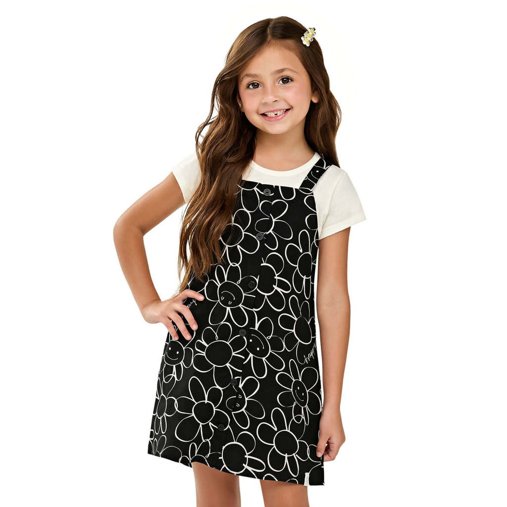 Conjunto Infantil Menina Blusa e Vestido Floral Elian Preto