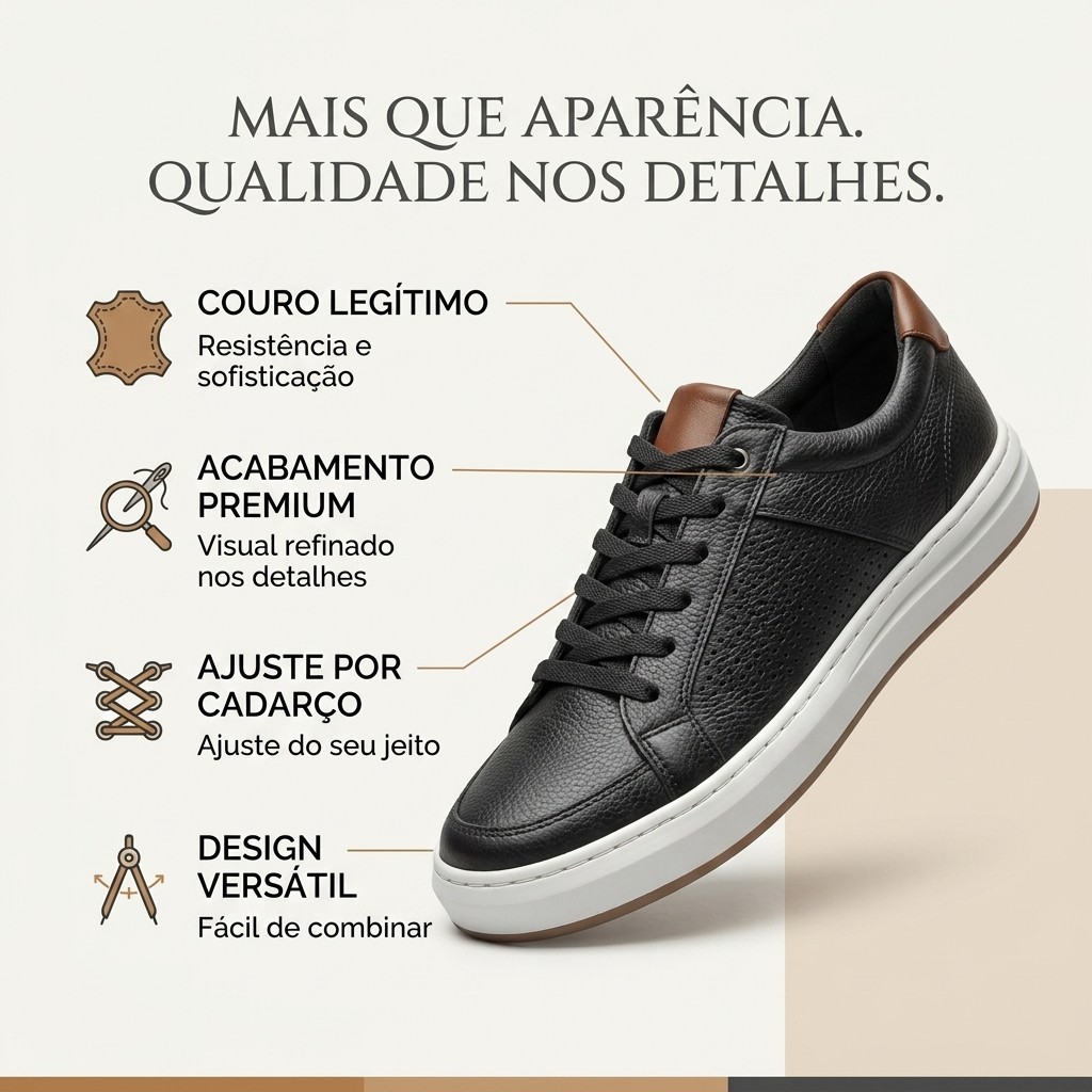 Sapatênis Masculino Couro Legítimo Premium Casual com Cadarço Confortável Moderno Trabalho Dia a Esporte Fino Luxo