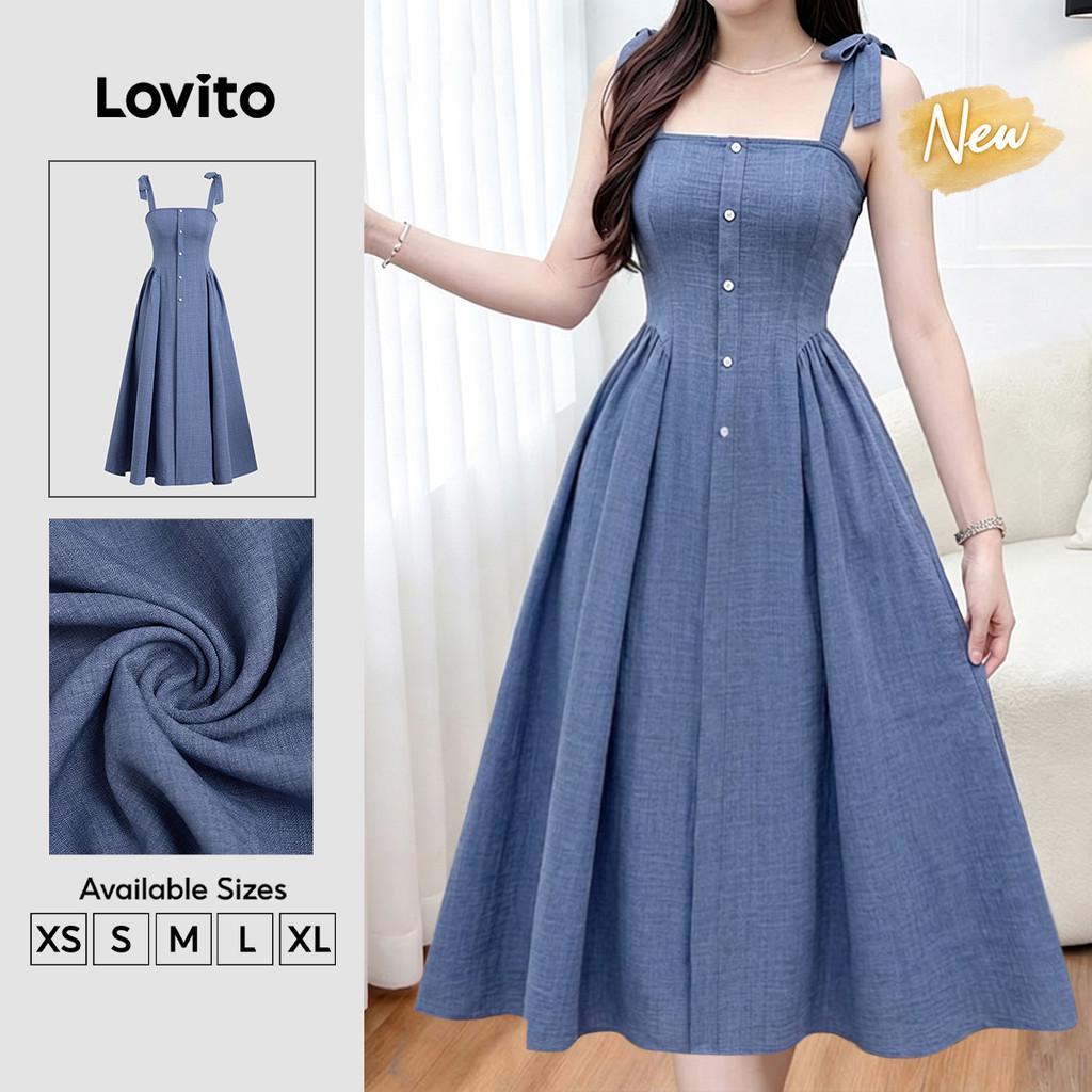 (New Arrival) Lovito Vestido Elegante com Laço Frontal e Botões Estilo Resort Primavera/verão Vestido Azulmarinho para mulheres DRB202P2D414