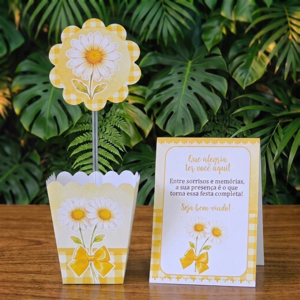 Centros de mesa + Plaquinhas MARGARIDAS AMARELA lembrancinhas personalizadas aniversario decoração kit festa