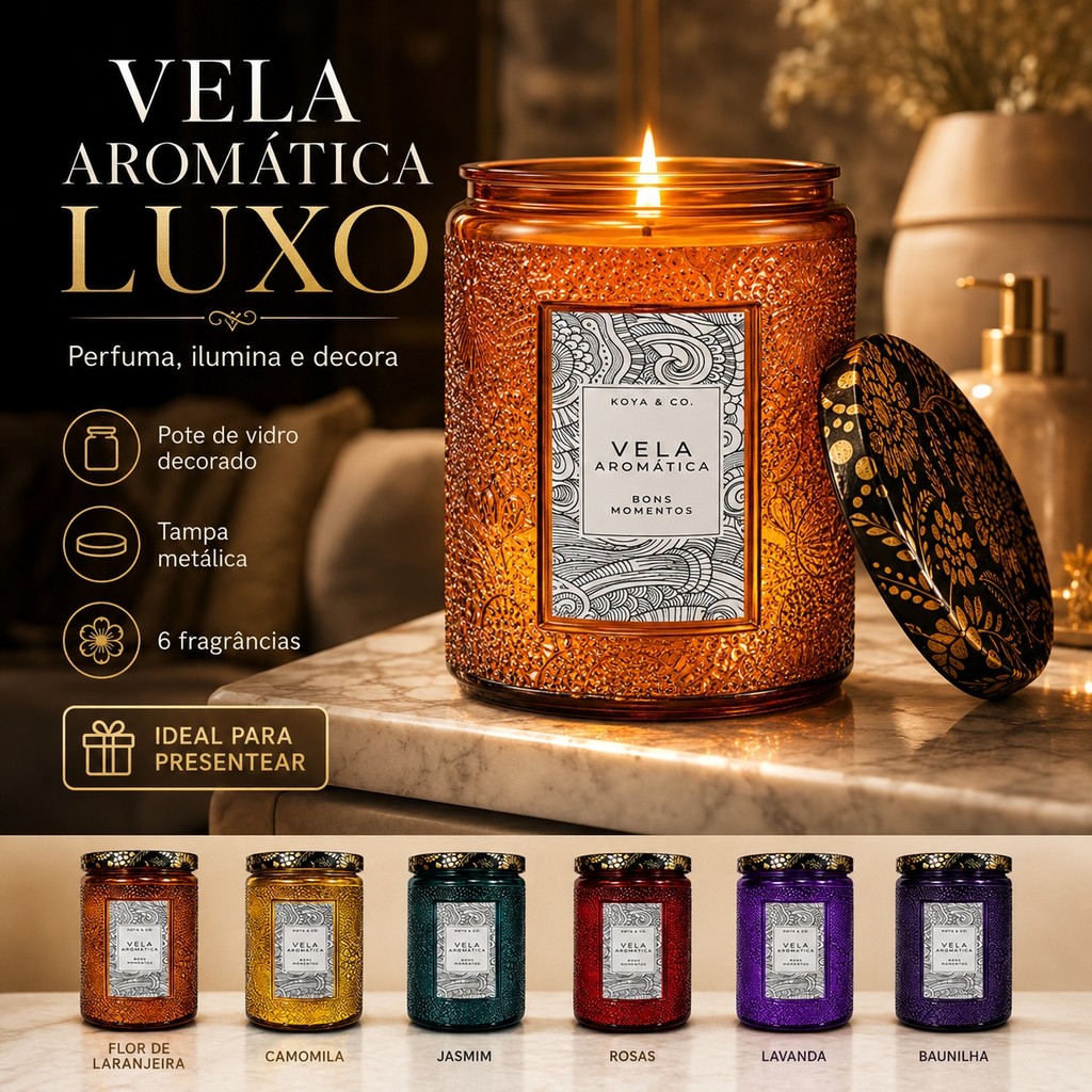 Vela Perfumada Aromática Grande em Pote de Vidro com Tampa Decorada Premium Decoração Sensorial