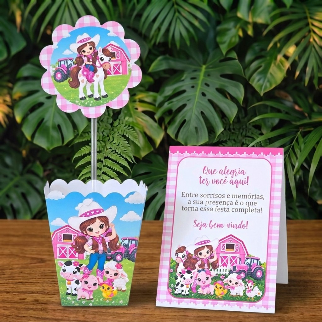 Centros de mesa + Plaquinhas FAZENDINHA ROSA COWGIRL lembrancinhas personalizadas aniversario decoração kit festa