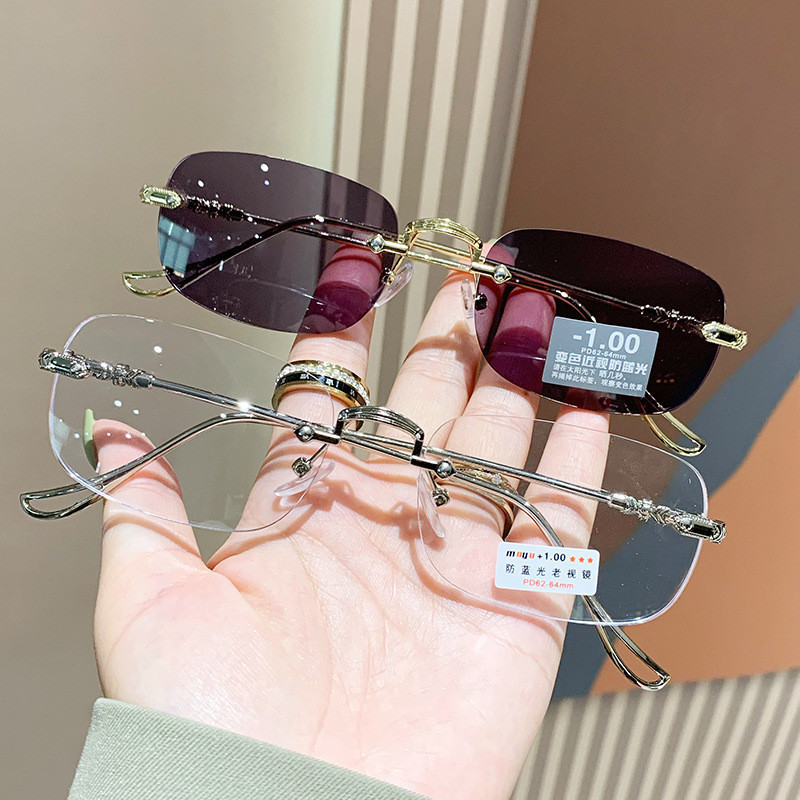 [-0 °     Óculos fotocromáticos unissex ultraleves sem armação com lentes planas que bloqueiam a luz azul KNO3