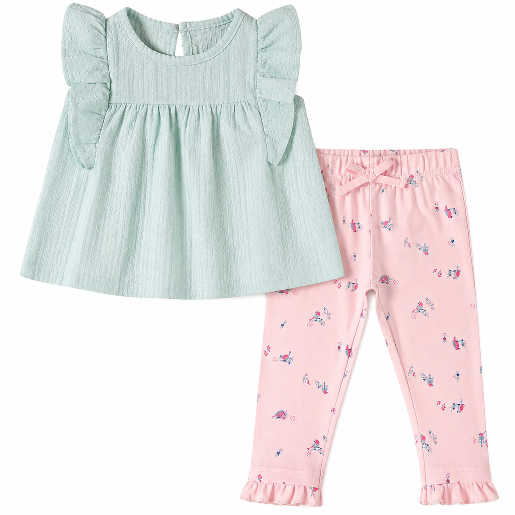 Conjunto Tip Top Infantil Feminino 2 Peças Blusa Verde Texturizada e Calça Legging Rosa Estampada