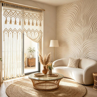 Cortina‑Divisor Macramê 100% Algodão Feita à Mão com Franjas, Estilo Boho‑Nórdico Wabi‑Sabi Cor Off‑White Creme