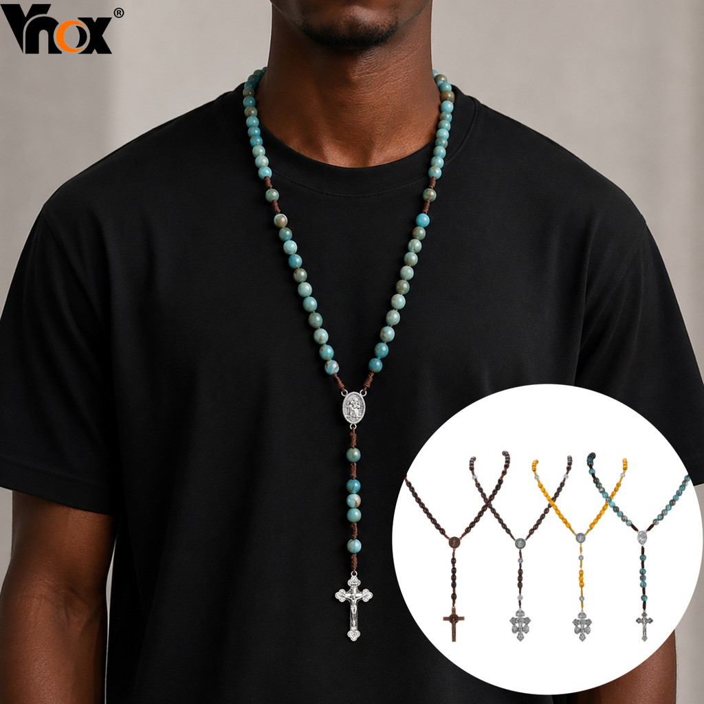 Vnox Masculino Frisado Rosário Cruz Pingente Colar Moda Jóias Presente