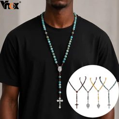 Vnox Masculino Frisado Rosário Cruz Pingente Colar Moda Jóias Presente