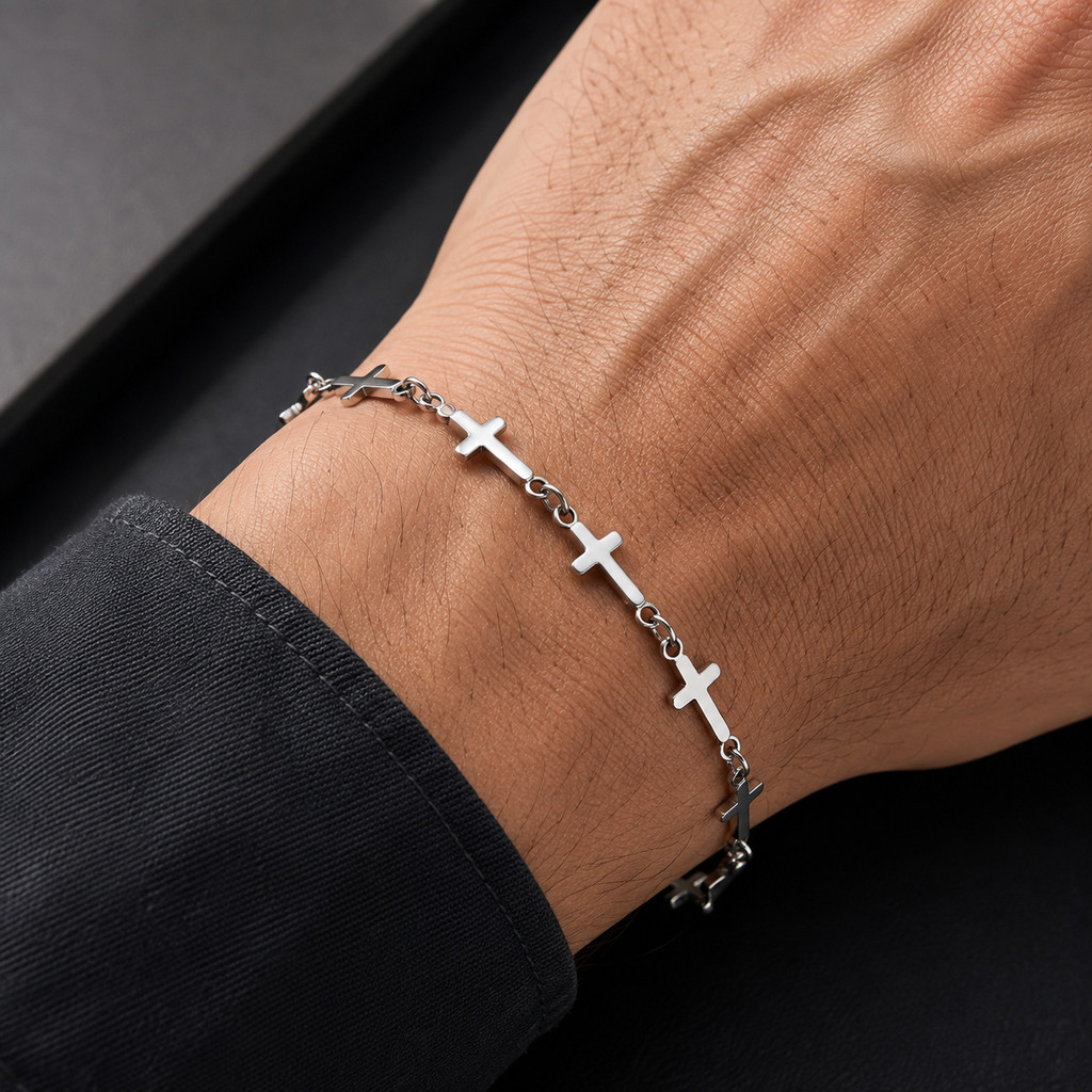 Pulseira de Cruz Unissex Aço Inox Prata Antialérgico