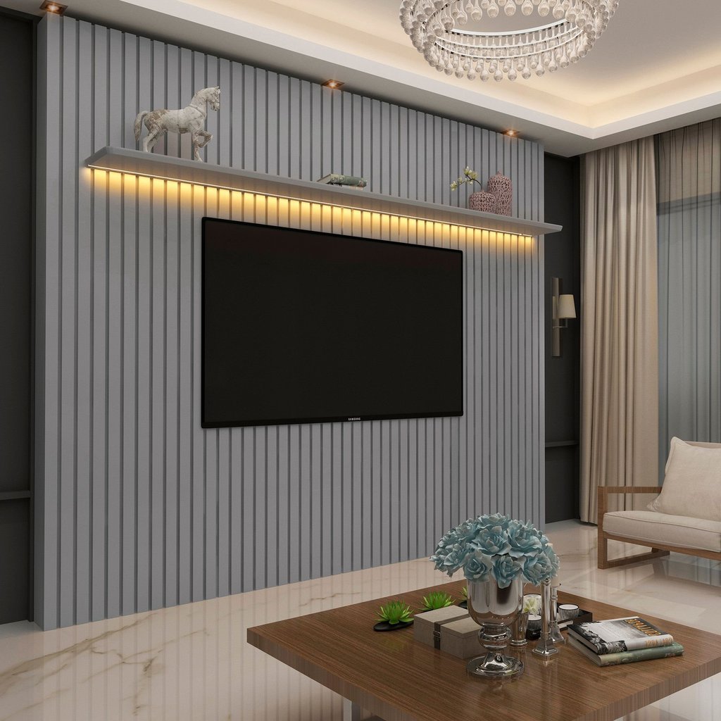 Painel para TV até 90 Polegadas 100% MDF Ripado com LED Cinza 250x230cm Requinte Cinza