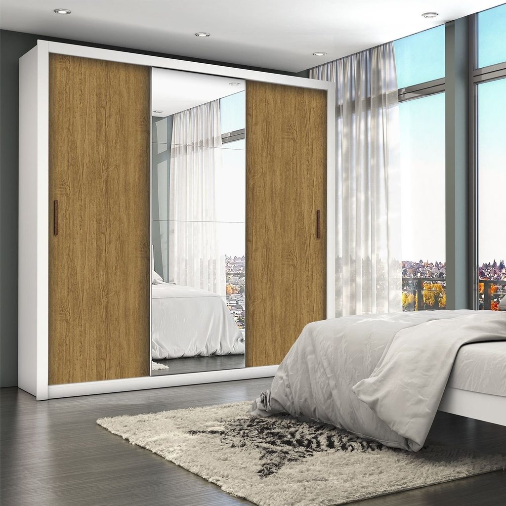Guarda-Roupa Casal 4 Espelhos 3 Portas de Correr 4 Gavetas Max Plus Espresso Móveis Branco/Cinamomo Branco/Cinamomo