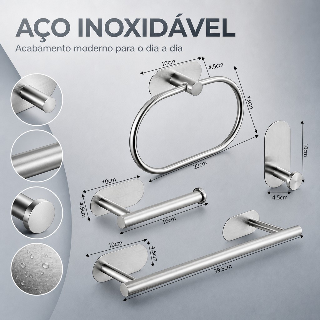 Kit 4 Peças para Banheiro com Toalheiro e Porta-Toalhas, Design Moderno sem Perfurar a Parede