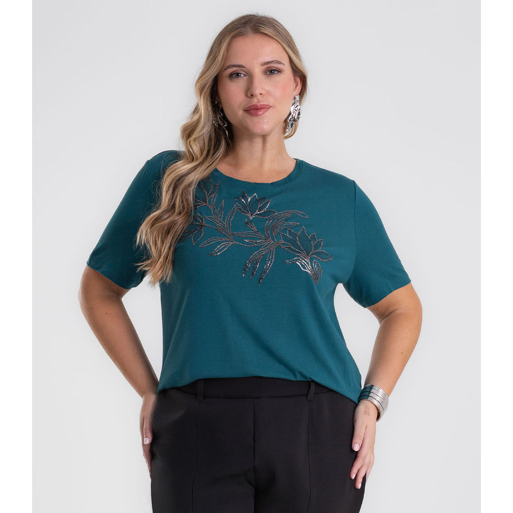 Blusa Manga Curta Com Estampa Plus Secret Glam Verde