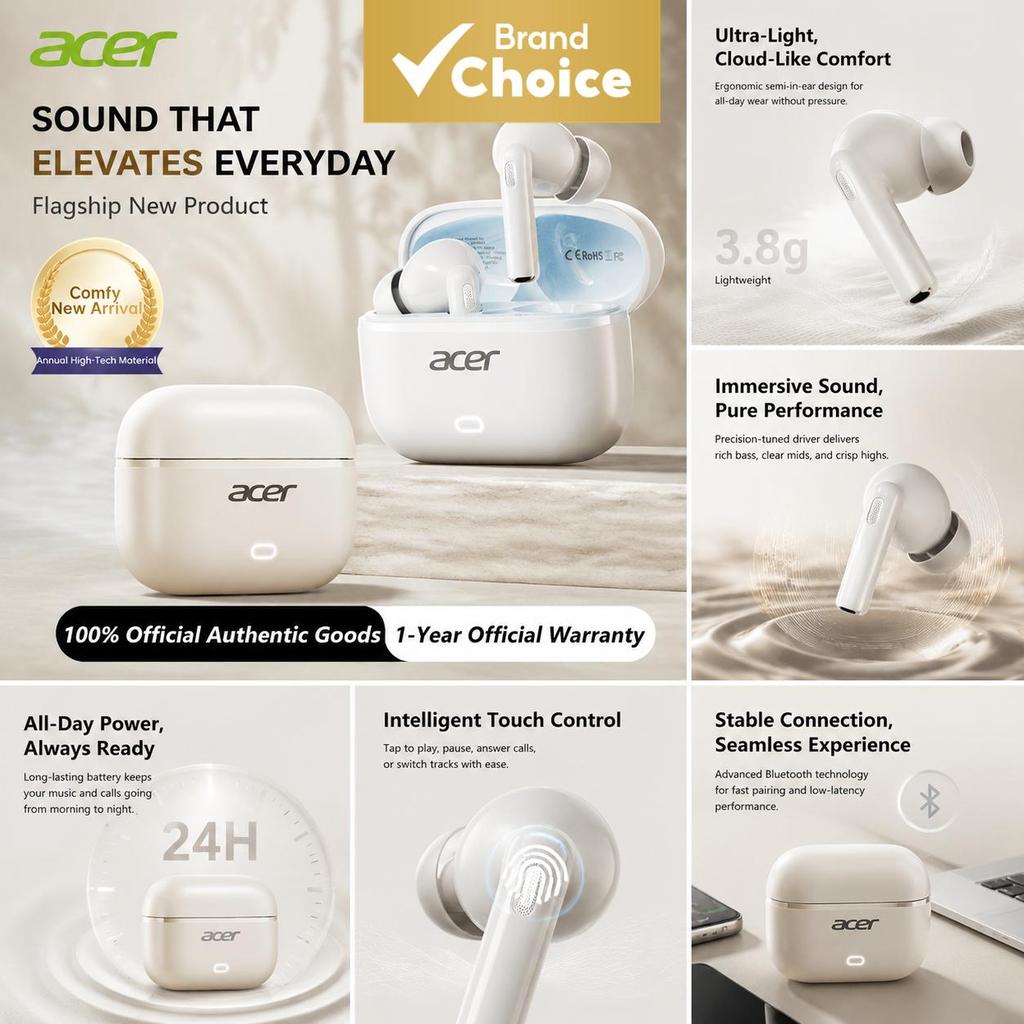 Acer OHR657 Fones De Ouvido TWS Sem Fio Bluetooth 60 55dB ANC HiFi Som Estéreo 142 Mm Driver Dinâmico Graves Profundos P