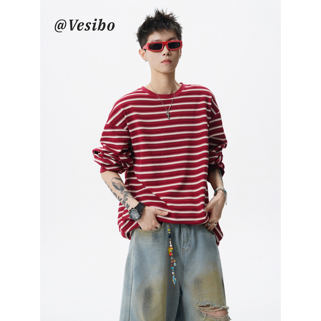 Retro vermelho listrado de manga comprida camiseta outono masculino americano preguiçoso em torno do pescoço camisa de f