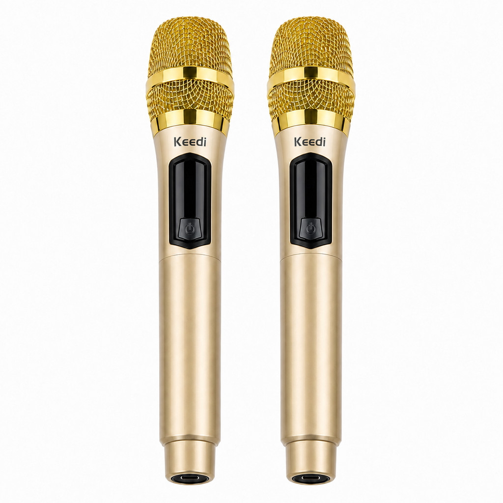 Microfone Sem Fio Duplo Profissional Dourado 2.4GHz Recarregável Receptor P10 40m Karaokê Eventos Carga USB-C MIC-1029