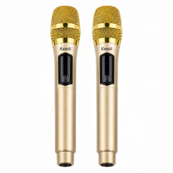 Microfone Sem Fio Duplo Profissional Dourado 2.4GHz Recarregável Receptor P10 40m Karaokê Eventos Carga USB-C MIC-1029