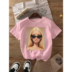 Camiseta com Estampa de Boneca com Óculos da Moda, Manga Curta Gola Redonda, Top Casual, para Primavera e Verão