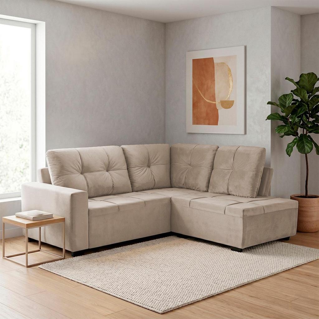 Sofá de Canto com Chaise Ibarra Suede Velut Bege - King House
