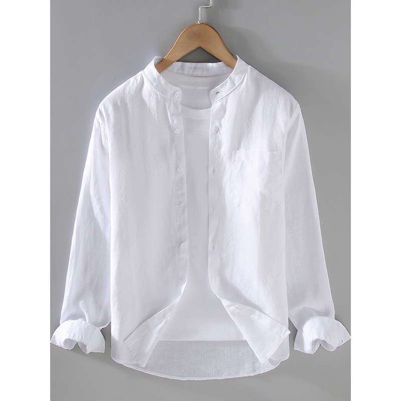 Camisa branca de manga comprida masculina verão estilo fino linho completo gola alta Casual tamanho grande camisa branca