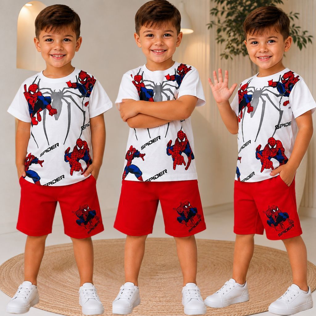 Conjunto Infantil Menino Homem Aranha Lançamento Verão Camisa e Bermuda Veste Do 2 ao 10 Anos
