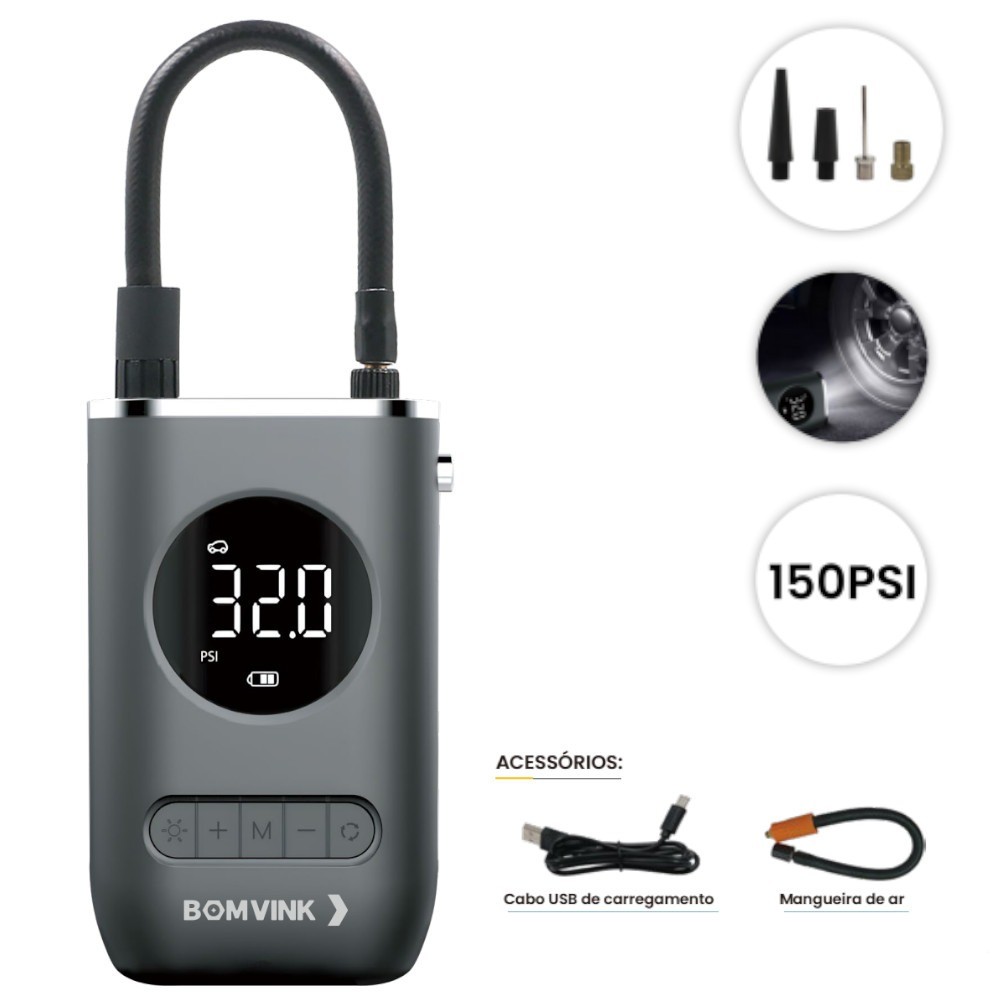 Mini Compressor de Ar portátil digital recarregável 150 PSI - BOM-8905 Bomvink — imagem 2 de 2
